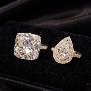 Luxury Diamond 14K (18K Custom) White Gold Duo Cushion Cut & Pear Halo Rings